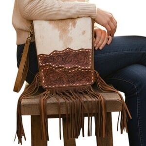 NWT American Bison Western Hair N Cowhide‎ Leather Fringe Crossbody Bag Cowgirl